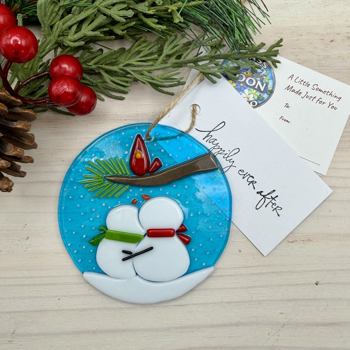 Fused Glass Snowman Couple Ornament with Cardinal – Handmade Christmas Ornament – Ready to Ship
