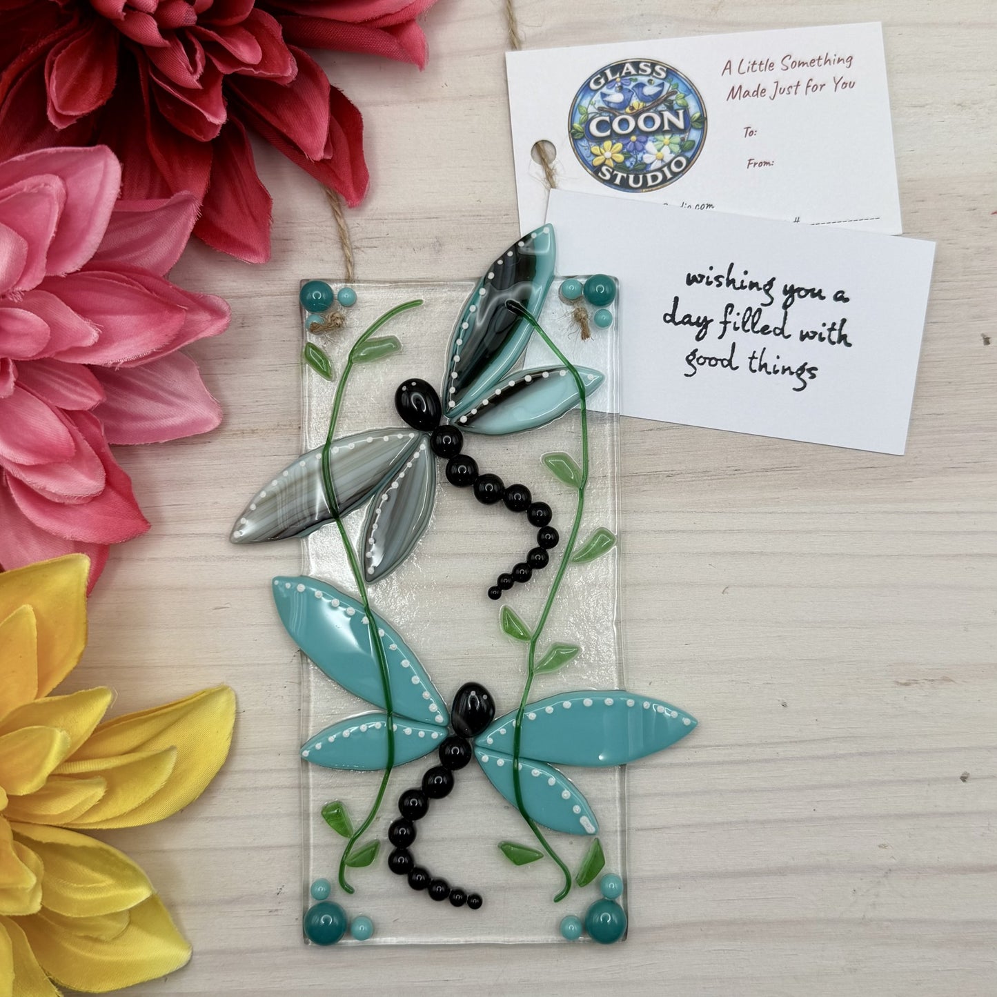 Fused Glass Dragonfly Panel – Teal & Blue Hanging Glass Art with Vines