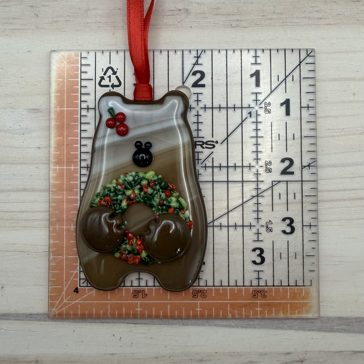 Fused Glass Brown Bear Ornament Holding a Christmas Wreath – Handmade Holiday Decoration