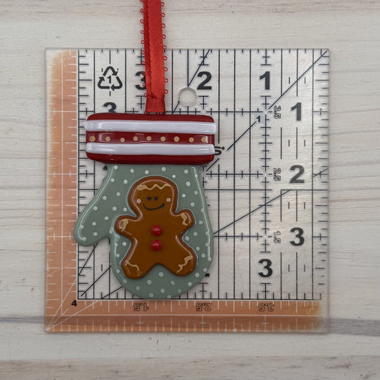 Handmade Fused Glass Gingerbread Mitten Ornament – Sage Green Christmas Ornament