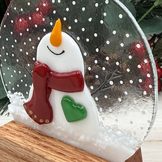 Fused Glass Snowman Snow Globe with Oak Display Stand – Winter Decor