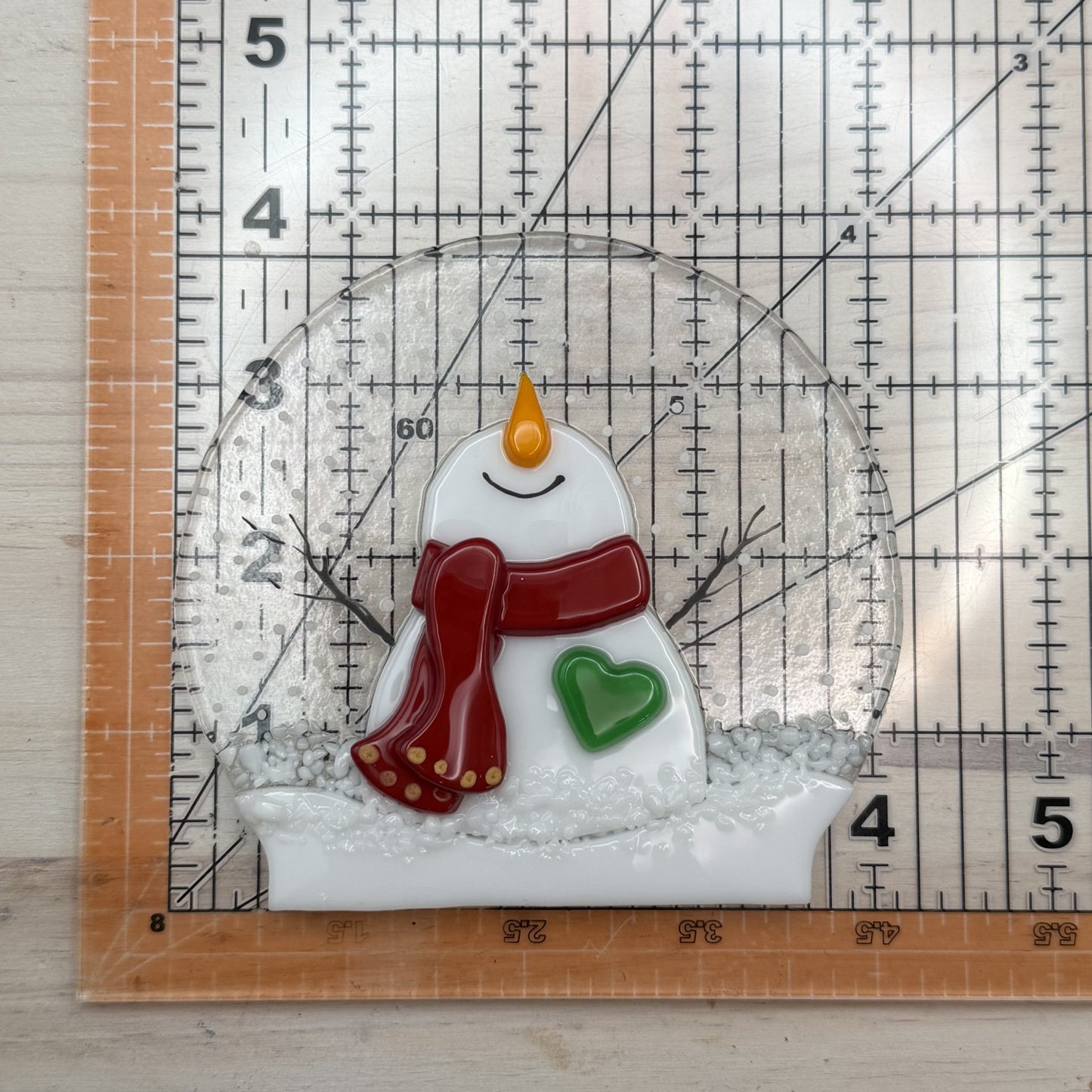 Fused Glass Snowman Snow Globe with Oak Display Stand – Winter Decor
