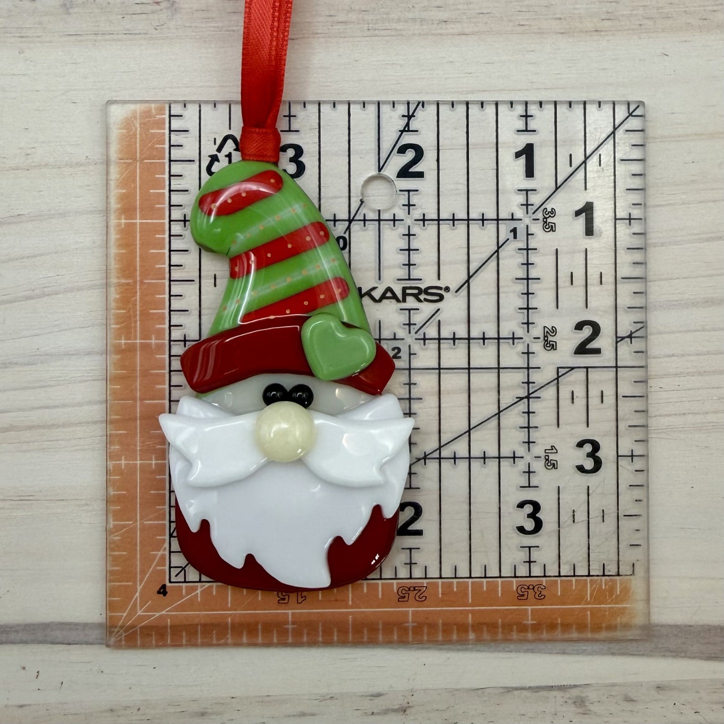Fused Glass Christmas Gnome Ornament – Handmade Holiday Gnome with Heart Hat