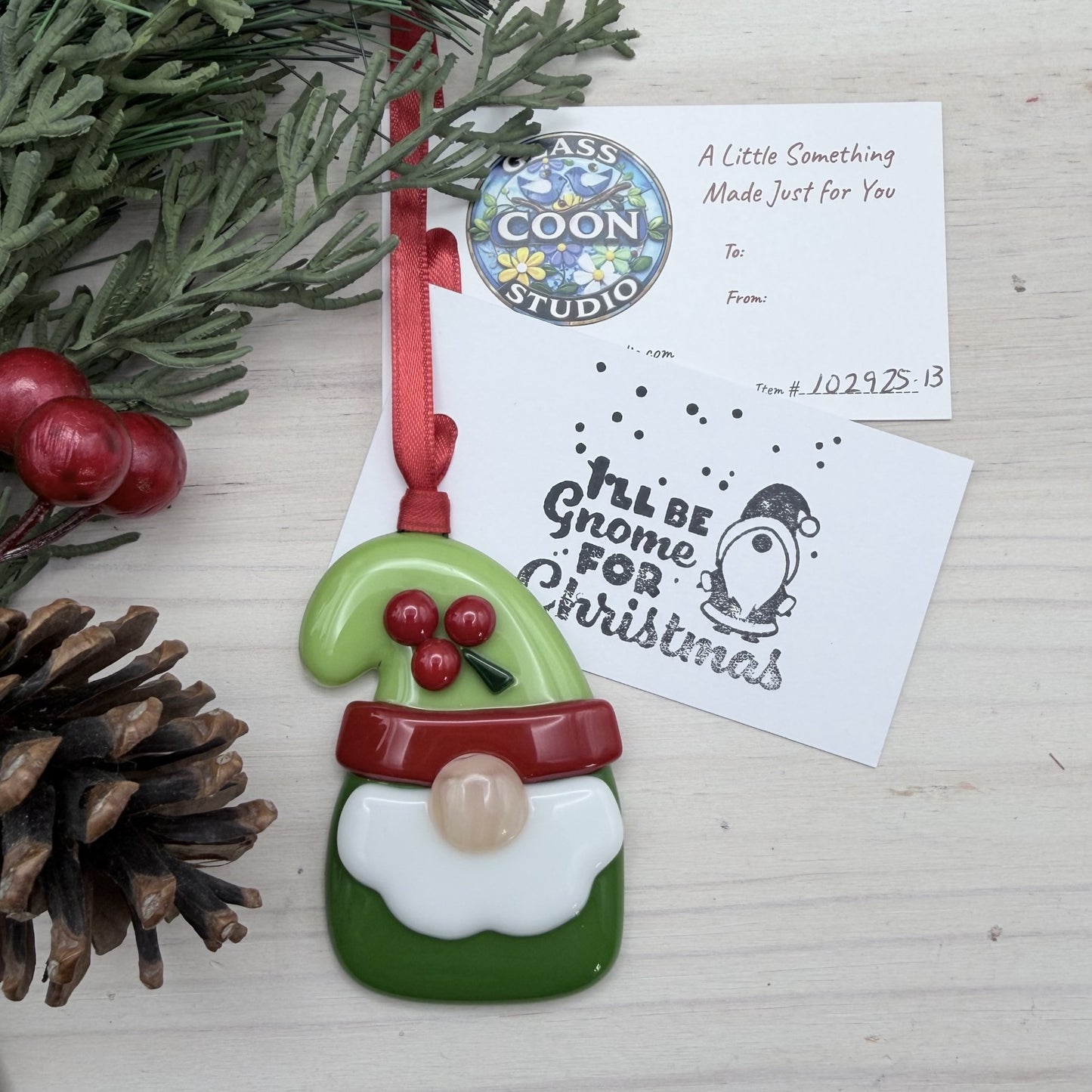 Fused Glass Christmas Gnome Ornament – Lime Green Hat with Holly – Handmade Holiday Décor