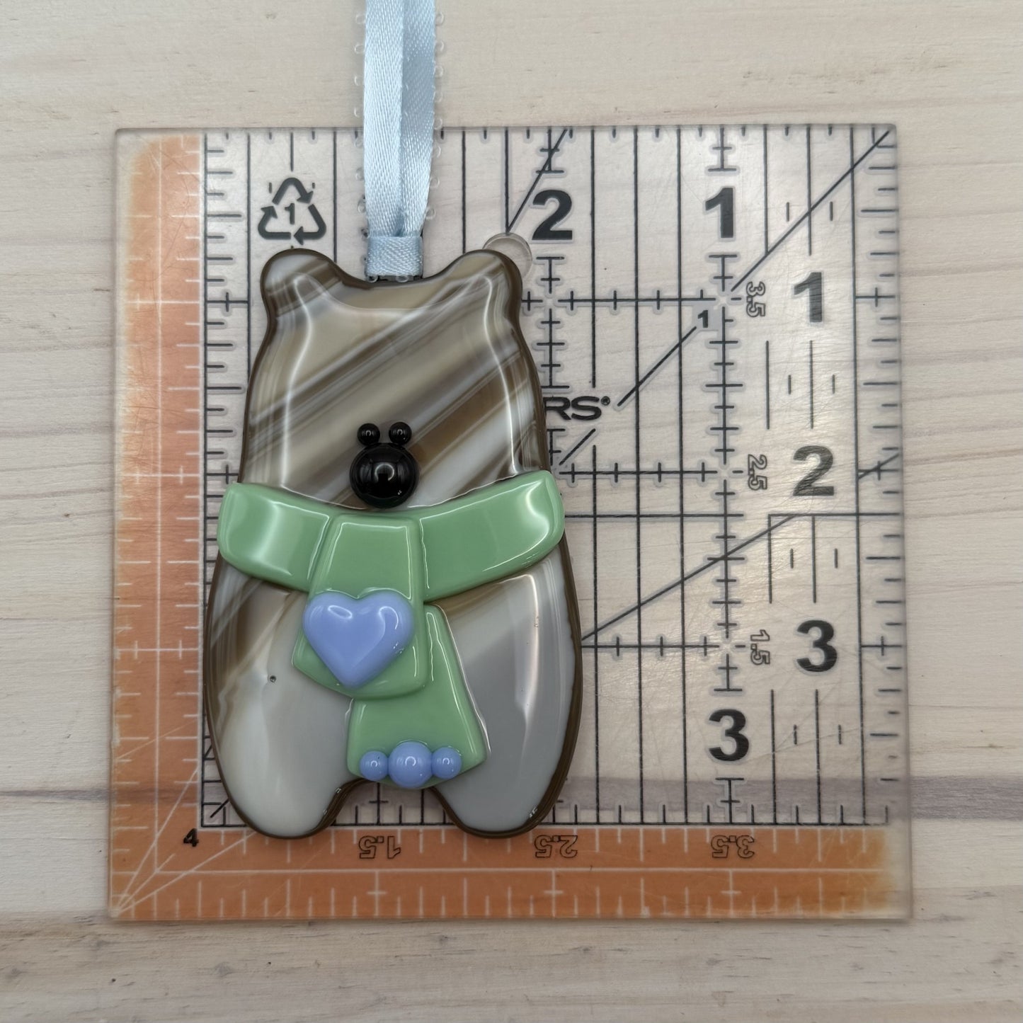 Handcrafted Fused Glass Brown Bear Ornament with Mint Green Scarf and Blue Heart – "You Make Everyday Bearable"