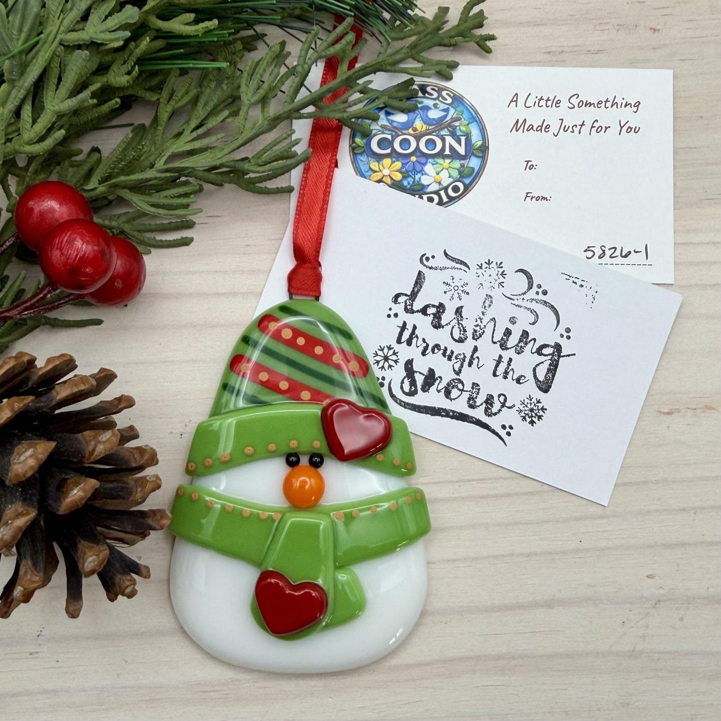 Whimsical Fused Glass Snowman Ornament – Olive Green Hat with Red Hearts – Handmade Christmas Ornament