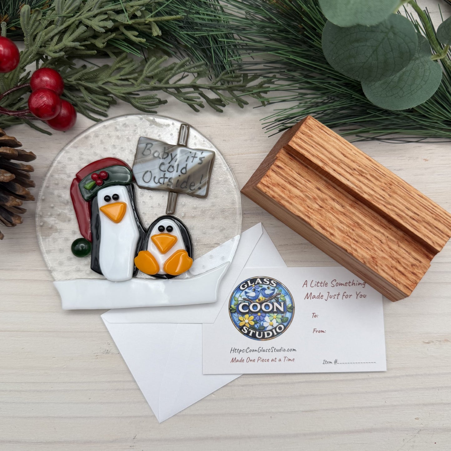 Fused Glass Penguin Snow Globe – “Baby, It’s Cold Outside” Winter Decor with Wood Stand