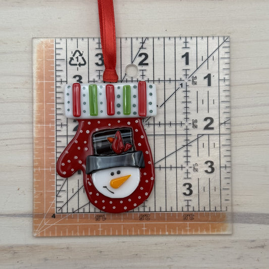 Fused Glass Red Mitten Ornament with Snowman and Red Bird