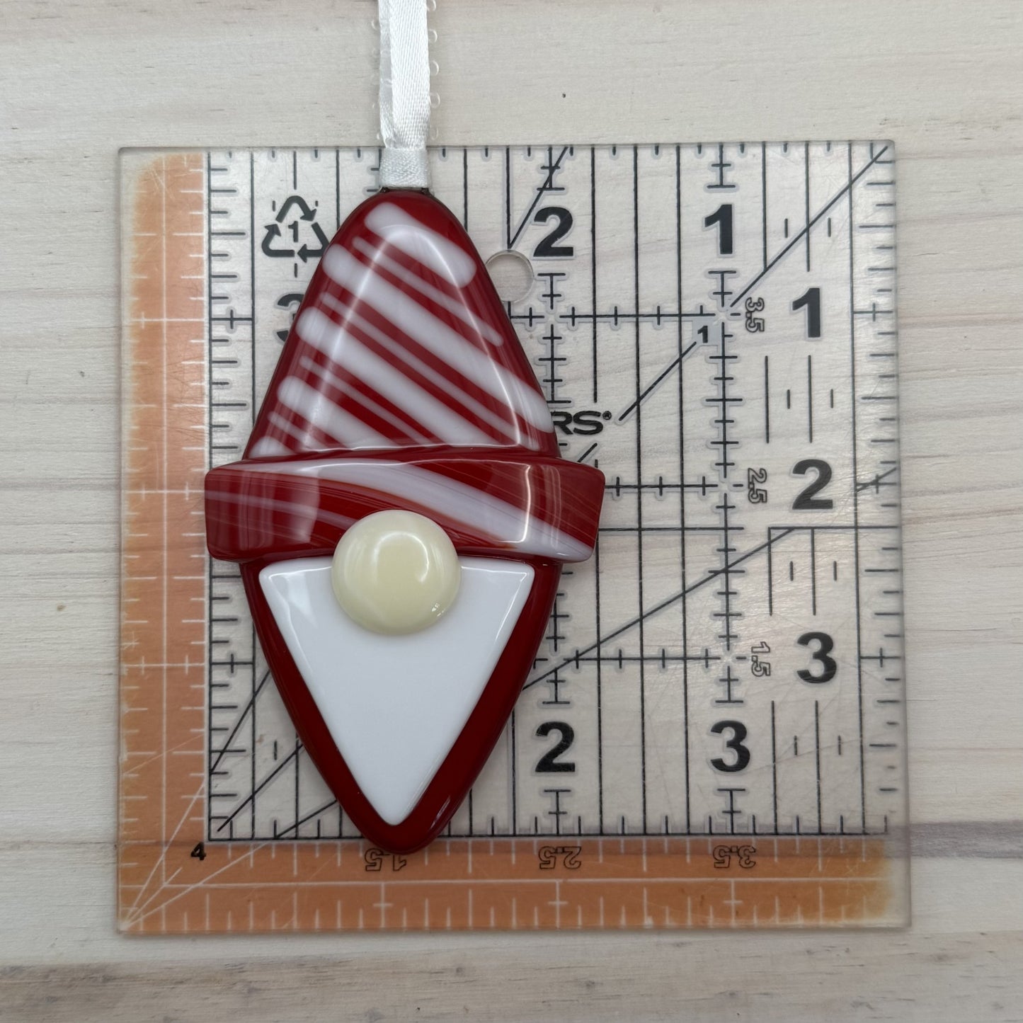 Handmade Fused Glass Gnome Ornament – Diamond Christmas Gnome with Red Striped Hat – Holiday Glass Ornament