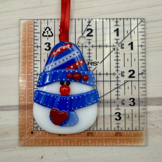 Patriotic Fused Glass Snowman Ornament – Handmade Christmas Decor