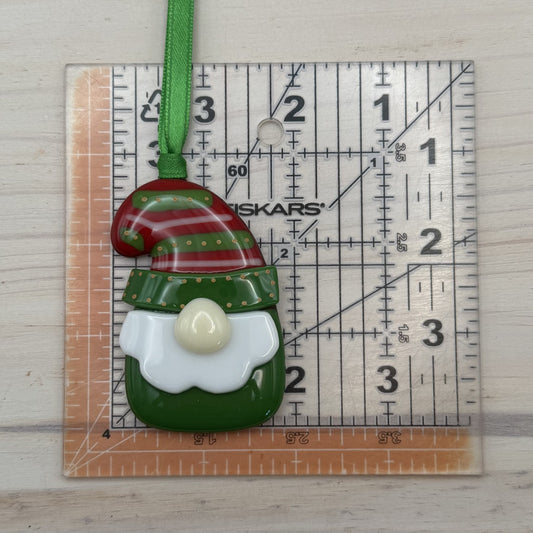 Handmade Fused Glass Christmas Gnome Ornament – Red & Green Holiday Gnome – "I'll Be Gnome For Christmas"