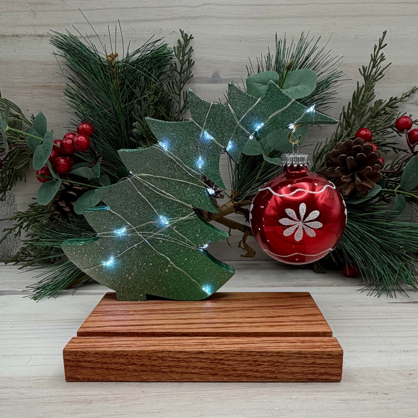 Fused Glass Snowman Couple with Lighted Tree & Oak Display Stand