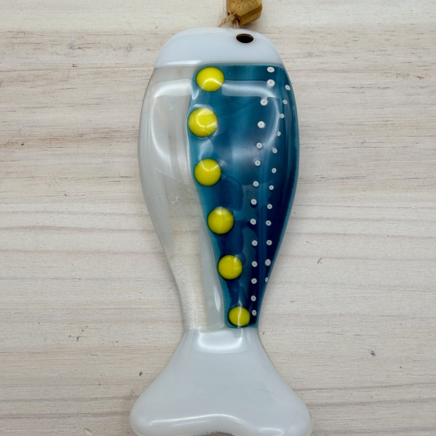 Fused Glass Wave Fish Suncatcher Ornament with Hemp Cord and Gift Card