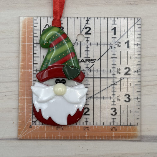 Handcrafted Fused Glass Christmas Gnome Ornament with Striped Hat – "I'll Be Gnome For Christmas"