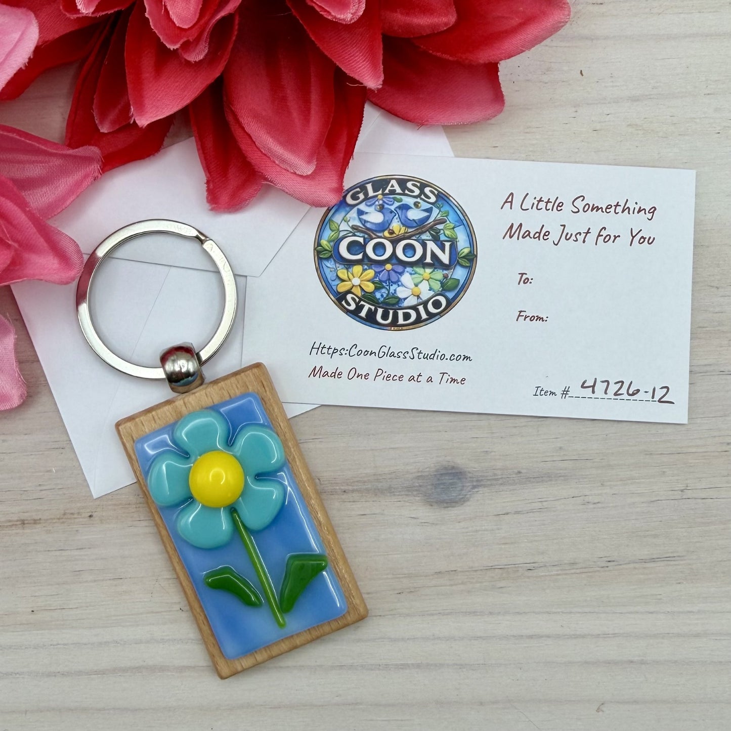 Fused Glass Teal Flower Keychain on Beechwood – Handmade Floral Keychain