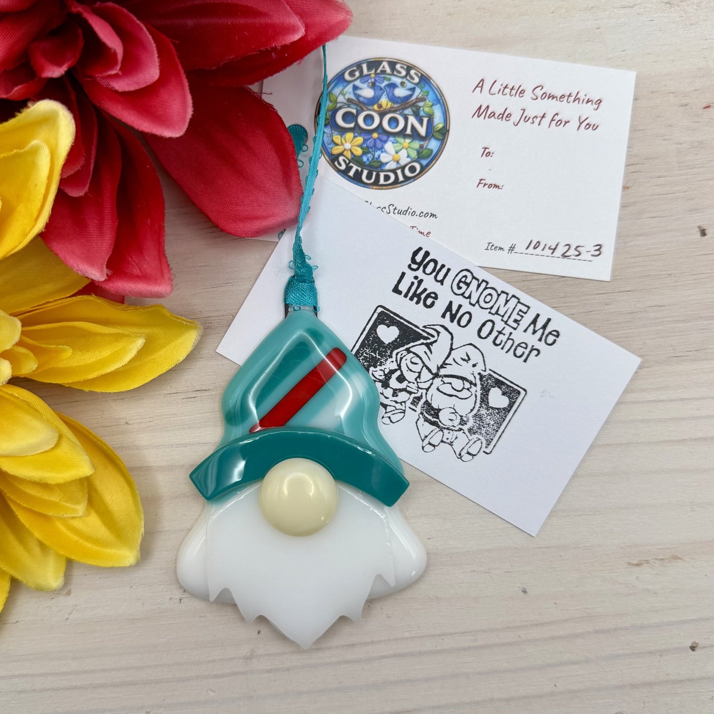 Fused Glass Gnome Ornament – Teal Tree Shaped Gnome with Striped Hat – Handmade Glass Ornament