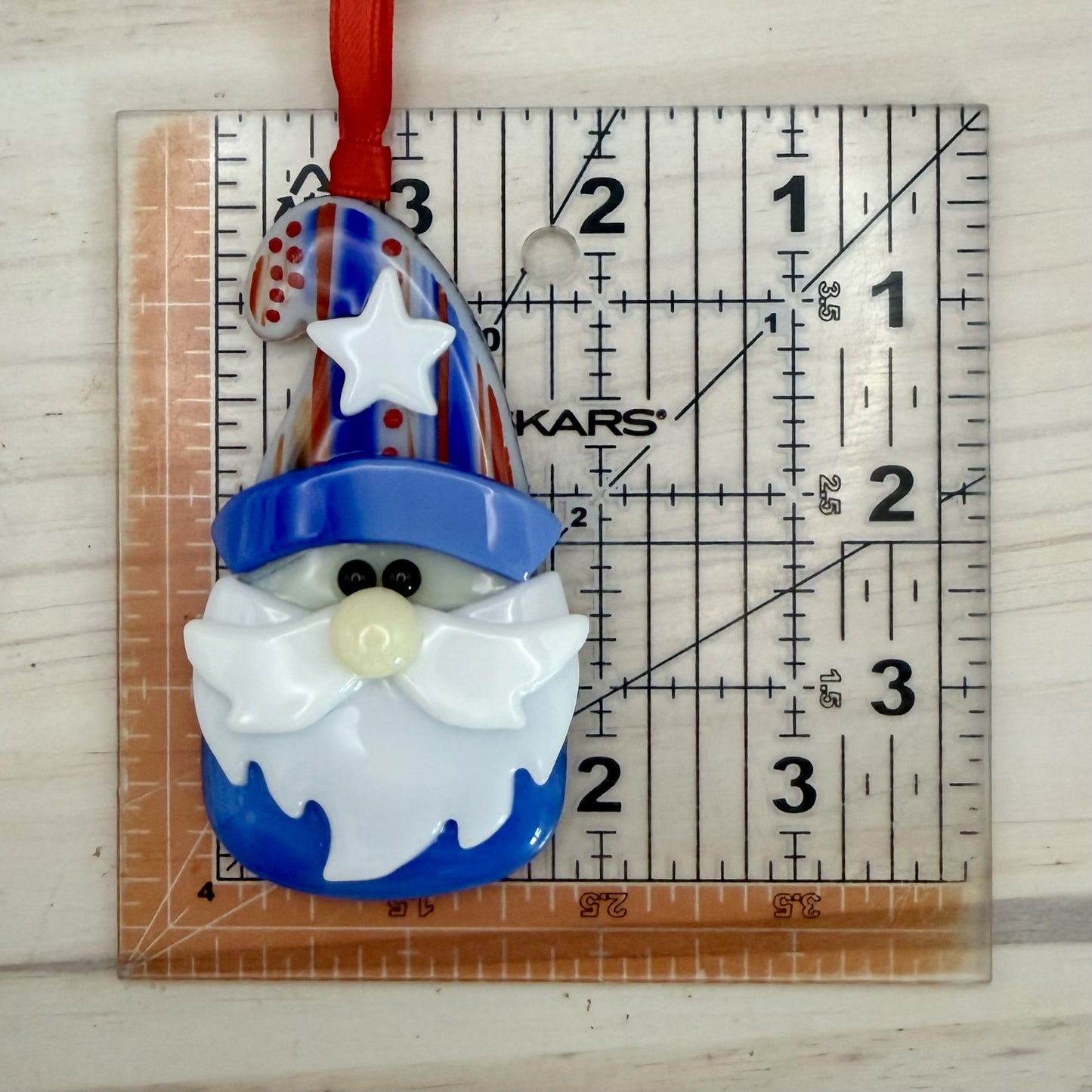 Patriotic Fused Glass Gnome Ornament – Red, White & Blue with Star Hat