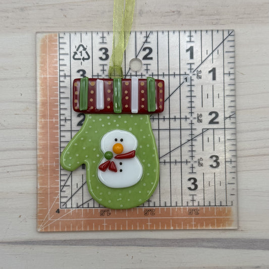 Lime Green Mitten with Snowman Fused Glass Ornament