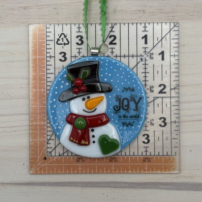 Fused Glass Snowman “Joy to the World” Christmas Ornament
