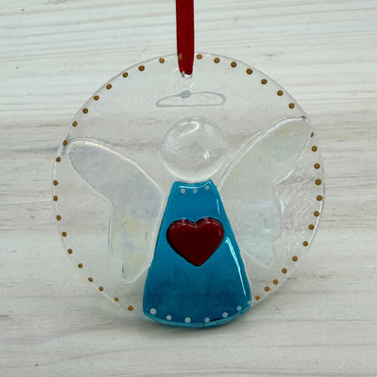 Blue Luminescent Fused Glass Angel Ornament and Suncatcher