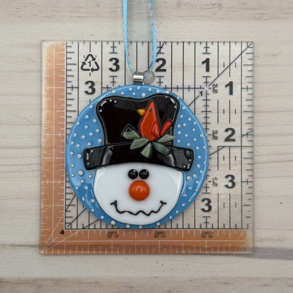 Fused Glass Snowman Ornament with Red Bird on Top Hat