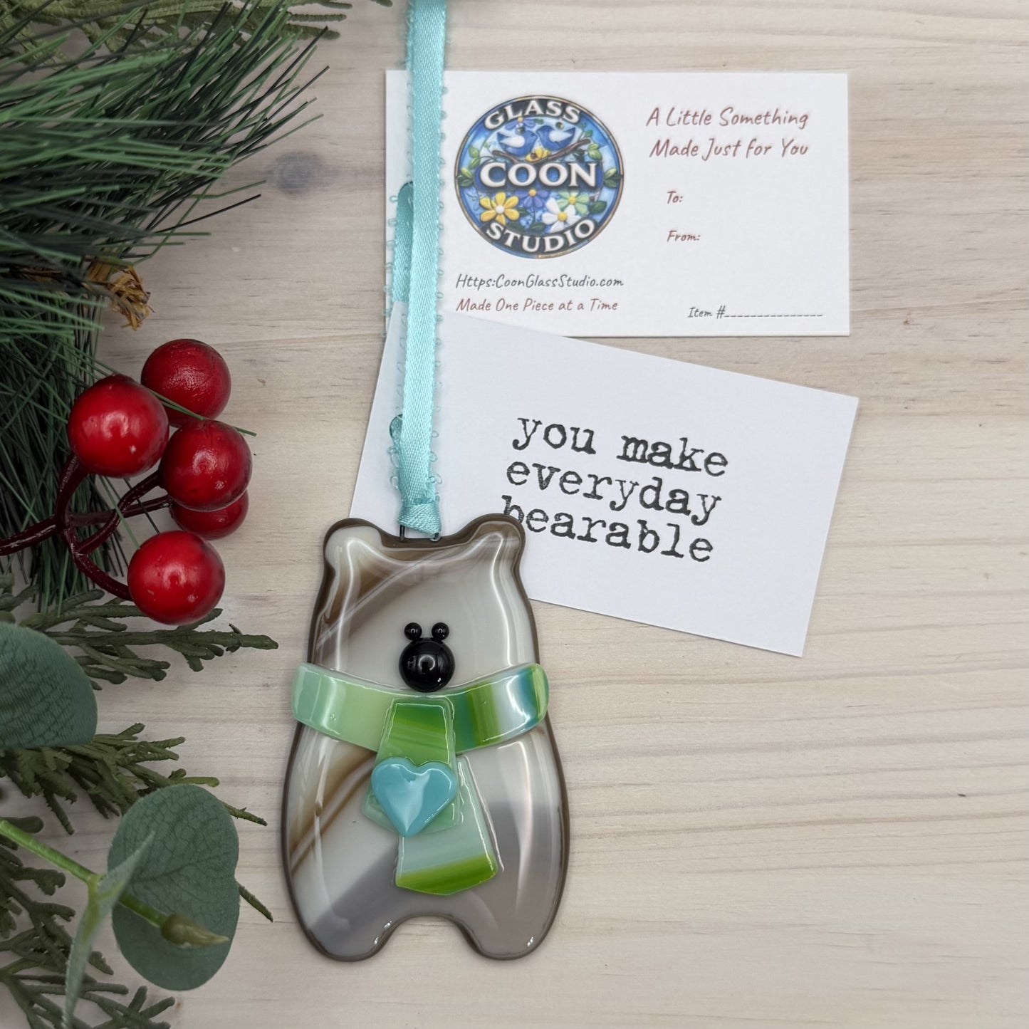 Handcrafted Fused Glass Brown Bear Ornament with Blue Heart Scarf – "You Make Everyday Bearable"