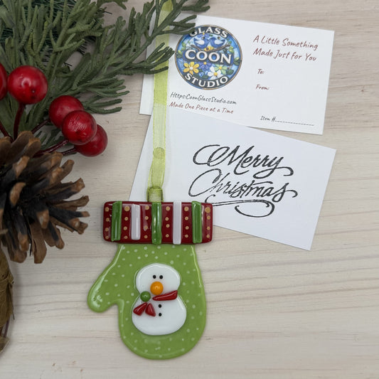 Lime Green Mitten with Snowman Fused Glass Ornament
