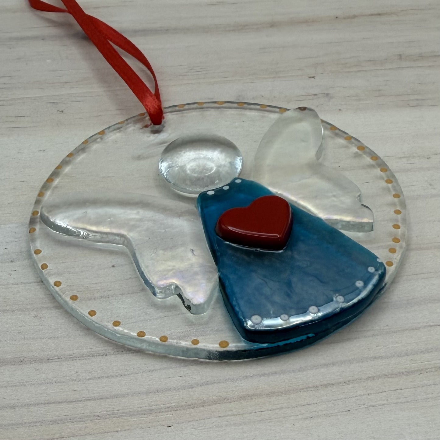 Blue Luminescent Fused Glass Angel Ornament and Suncatcher