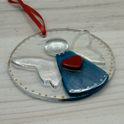 Blue Luminescent Fused Glass Angel Ornament and Suncatcher