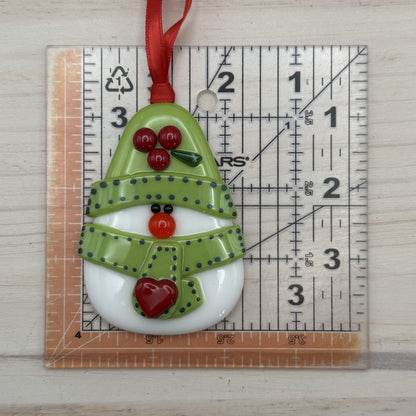 Fused Glass Snowman Ornament with Green Hat, Scarf & Red Heart