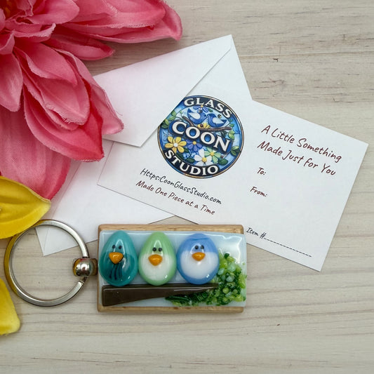 Fused Glass Bird Keychain – Three Birds on a Branch Beechwood Keychain