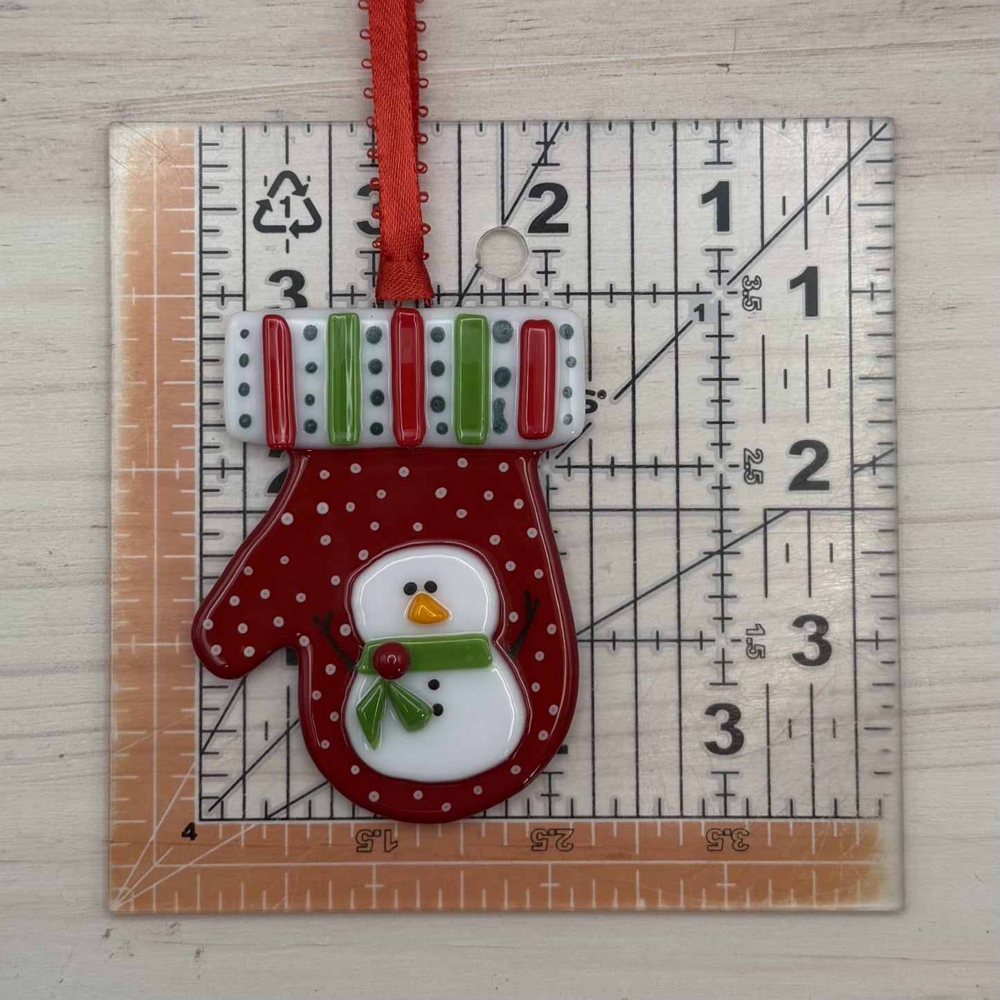 Fused Glass Red Mitten Ornament with Snowman