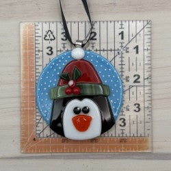 Fused Glass Penguin Ornament with Holly Winter Hat