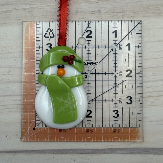 Lime Green Holly Fused Glass Snowman Ornament