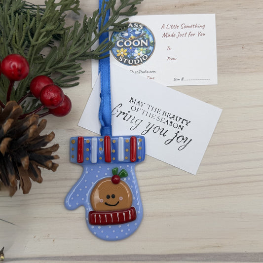 Blue Mitten with Gingerbread Man Fused Glass Ornament