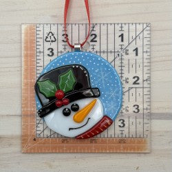 Fused Glass Snowman Ornament with Holly Top Hat
