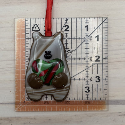 Fused Glass Brown Bear Ornament Holding a Christmas Heart