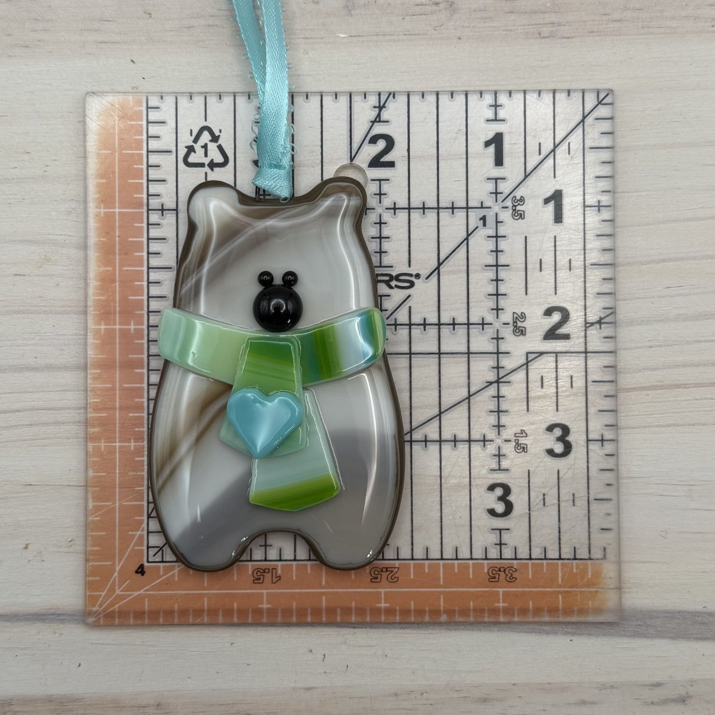 Handcrafted Fused Glass Brown Bear Ornament with Blue Heart Scarf – "You Make Everyday Bearable"