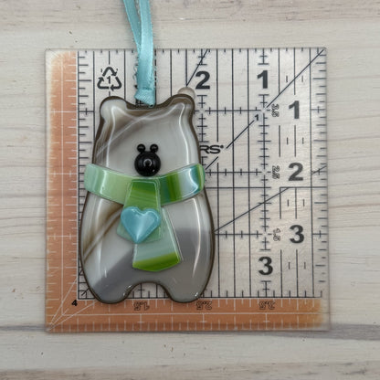 Handcrafted Fused Glass Brown Bear Ornament with Blue Heart Scarf – "You Make Everyday Bearable"