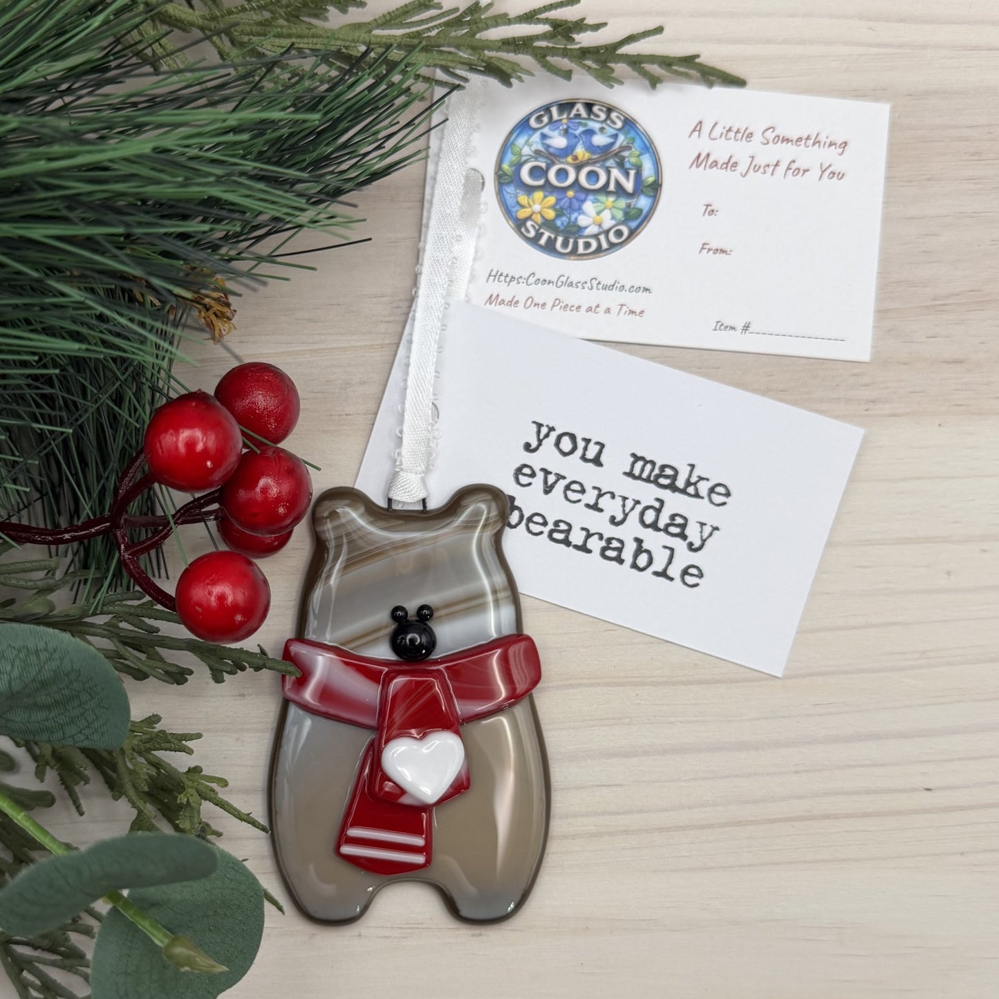 Fused Glass Brown Bear Ornament with Peppermint Scarf
