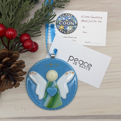 Fused Glass Angel Ornament with Blue Heart – Peace on Earth Christmas Decoration