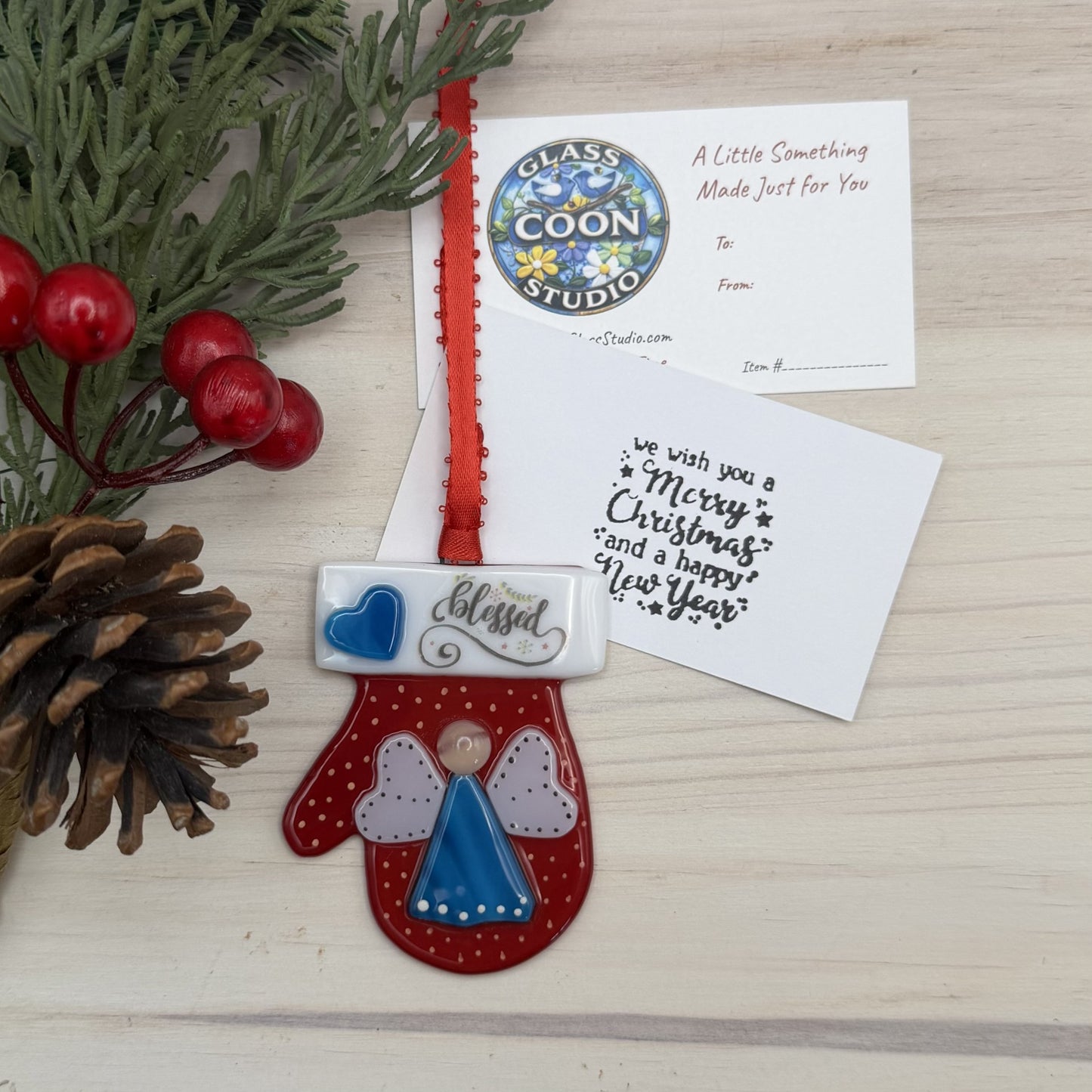 Fused Glass Angel Mitten Ornament – Red Christmas Mitten with Blue Angel and “Blessed” Cuff
