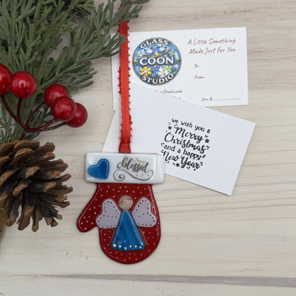 Fused Glass Angel Mitten Ornament – Red Christmas Mitten with Blue Angel and “Blessed” Cuff