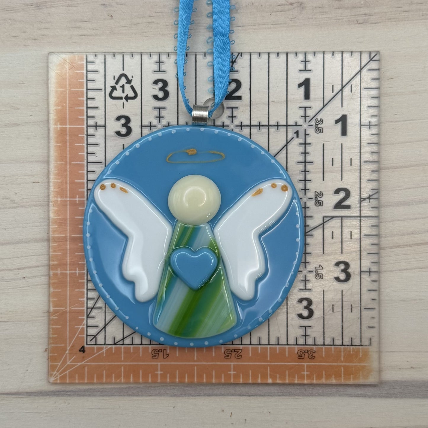 Fused Glass Angel Ornament with Blue Heart – Peace on Earth Christmas Decoration