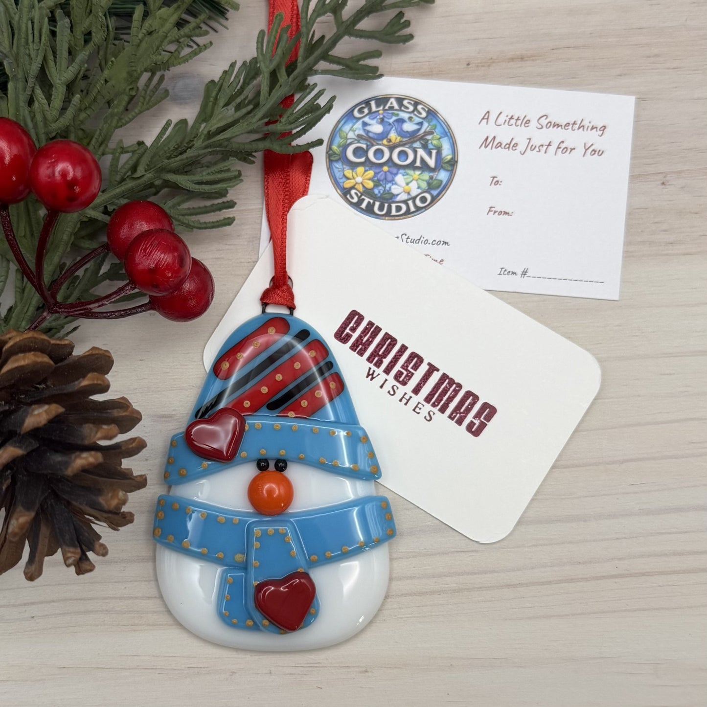 Handmade Fused Glass Snowman Ornament – Blue Hat Christmas Tree Ornament – Holiday Decoration – Ready to Ship