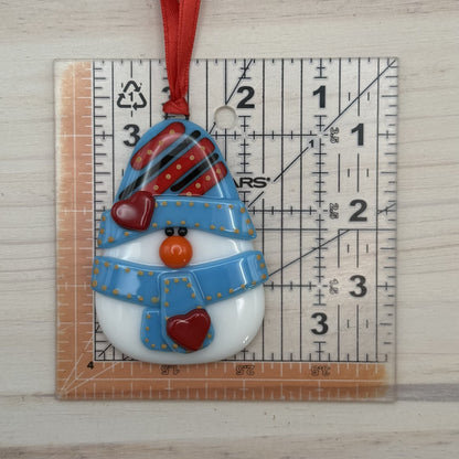 Handmade Fused Glass Snowman Ornament – Blue Hat Christmas Tree Ornament – Holiday Decoration – Ready to Ship