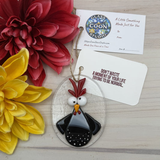 Fused Glass Goofy Black and White Chicken Ornament