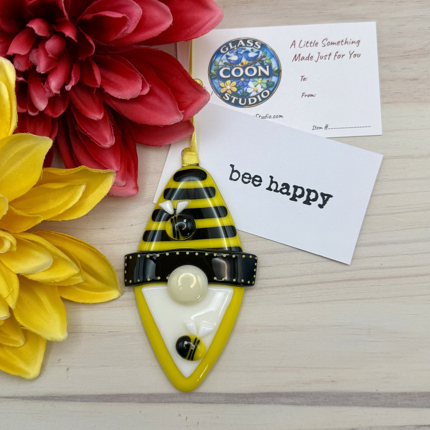 Bee Happy Fused Glass Gnome Ornament – Bumble Bee Gnome – Handmade Yellow & Black Gnome Decor