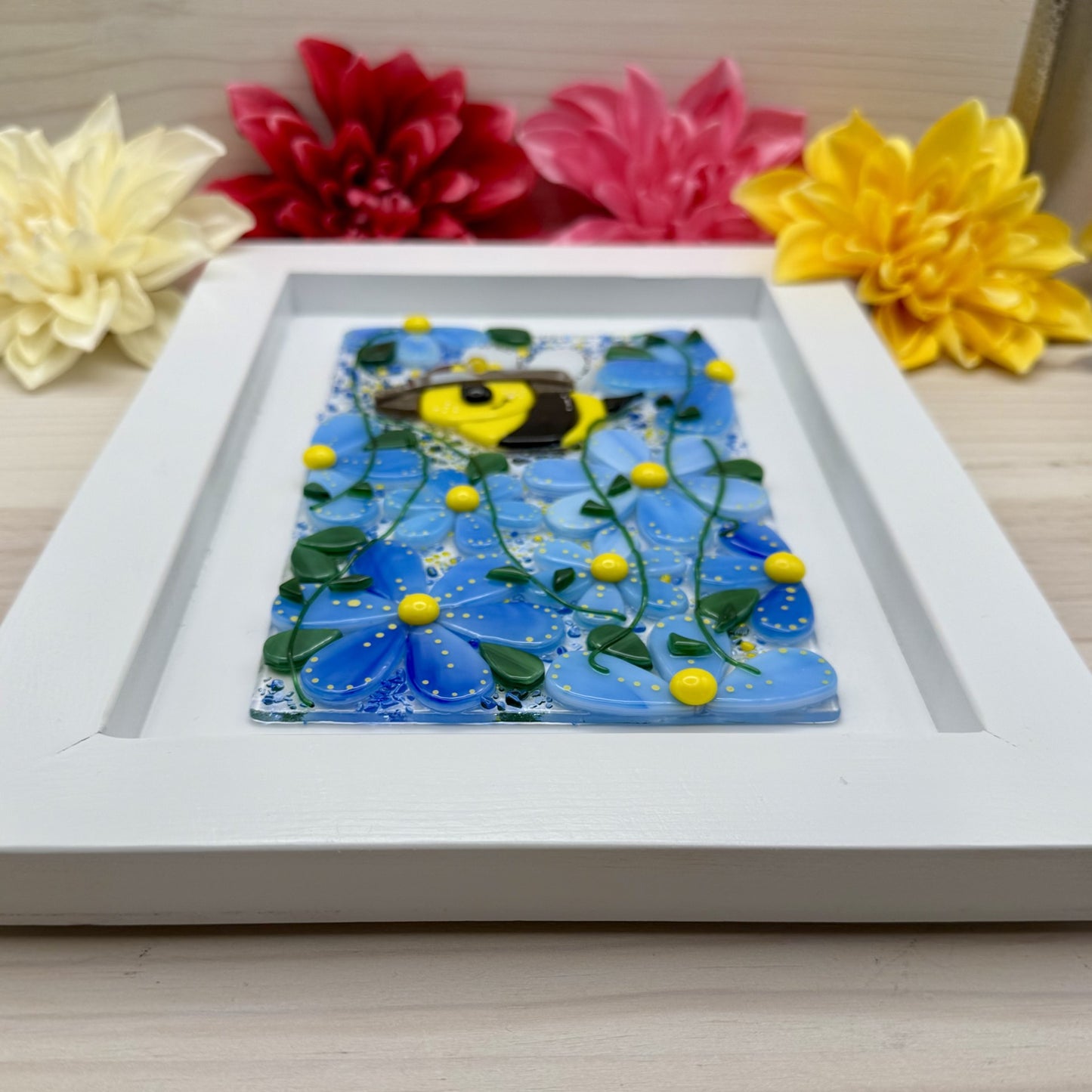 Happy Bee in the Flowers – Fused Glass Panel in White Wood Frame (9x12)