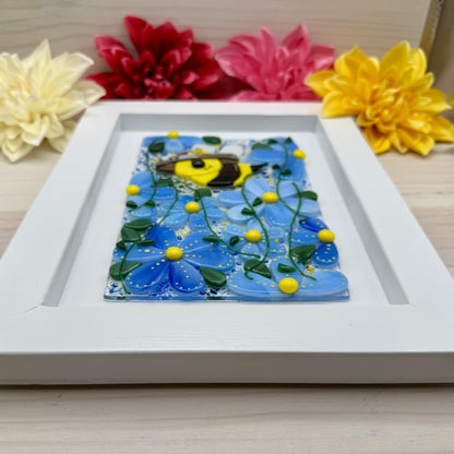 Happy Bee in the Flowers – Fused Glass Panel in White Wood Frame (9x12)